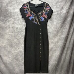 VTG Carole Little Button Front Knit Sweater Dress Size PM Black Funky Artsy Wool